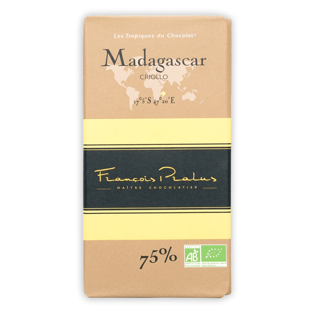 Pralus Madagascar 75% criollo dark chocolate bar with tan wrapper