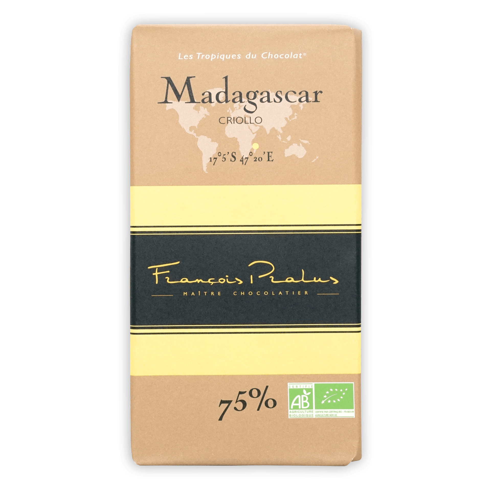 Pralus Madagascar 75% criollo dark chocolate bar with tan wrapper
