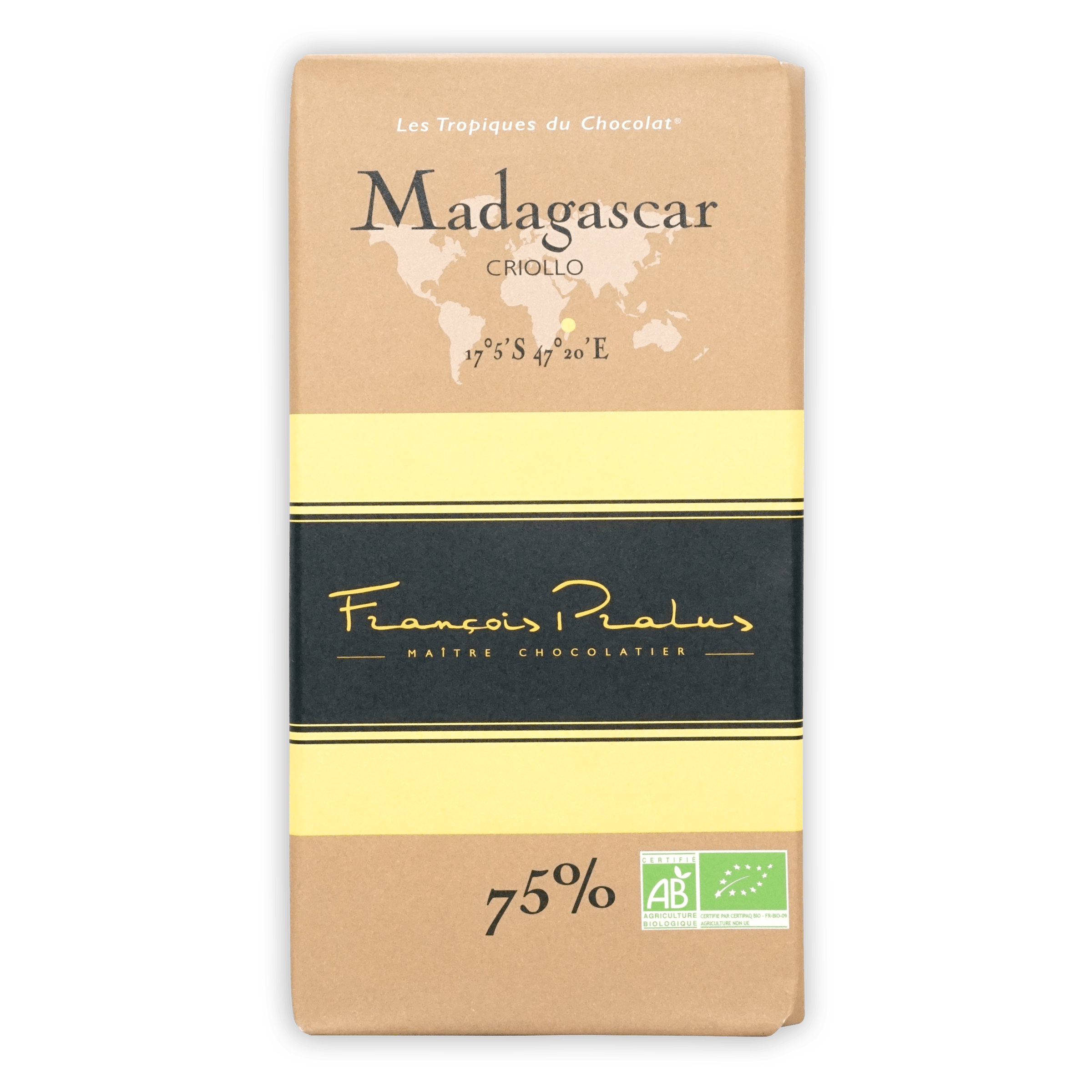 Pralus Madagascar 75% criollo dark chocolate bar with tan wrapper