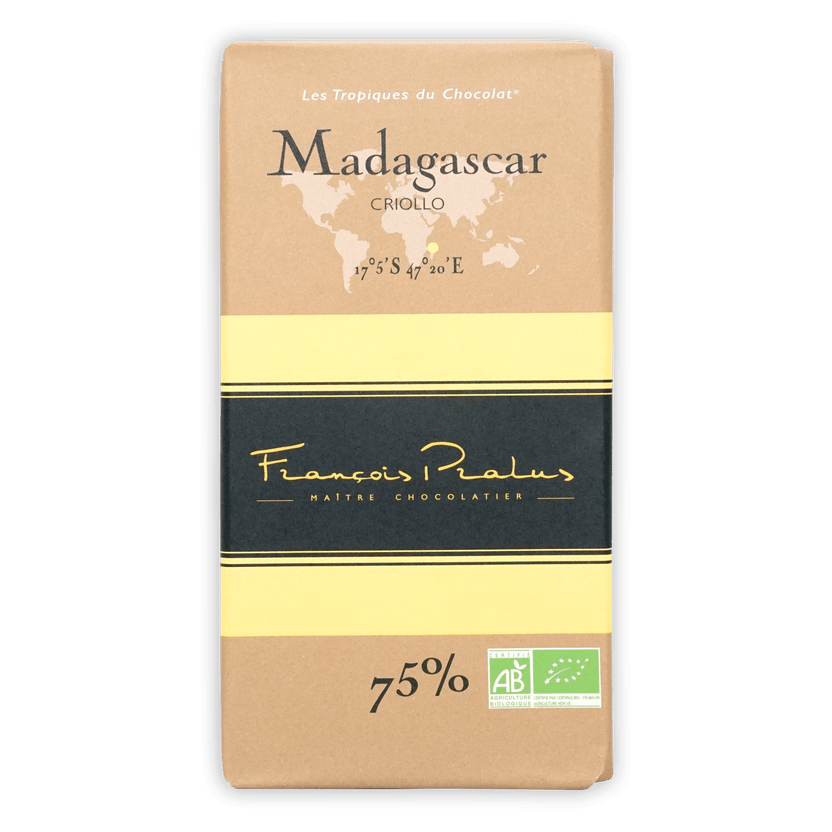 Pralus Madagascar 75% criollo dark chocolate bar with tan wrapper