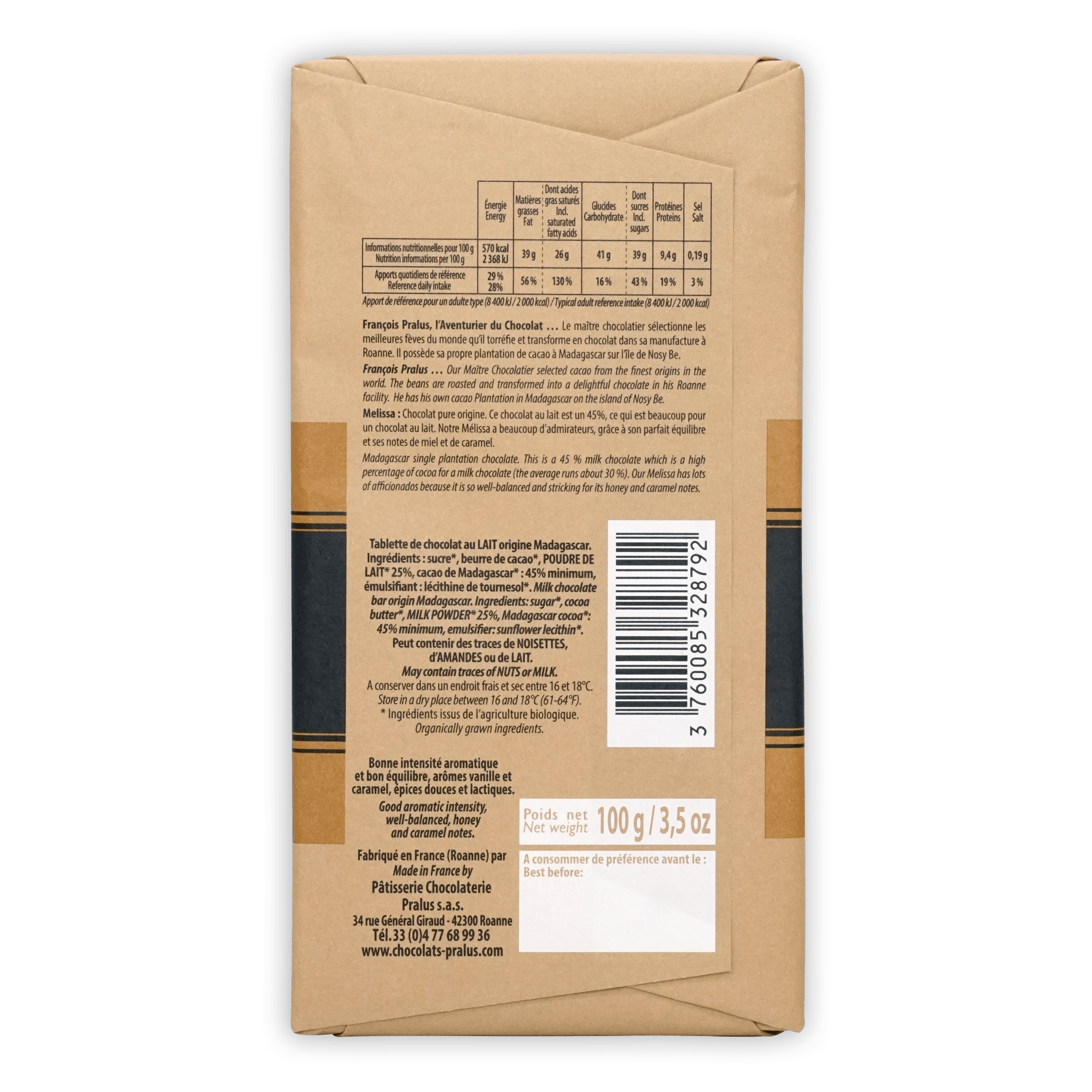 Back of Pralus Melissa Milk 45% chocolate bar with ingredients label