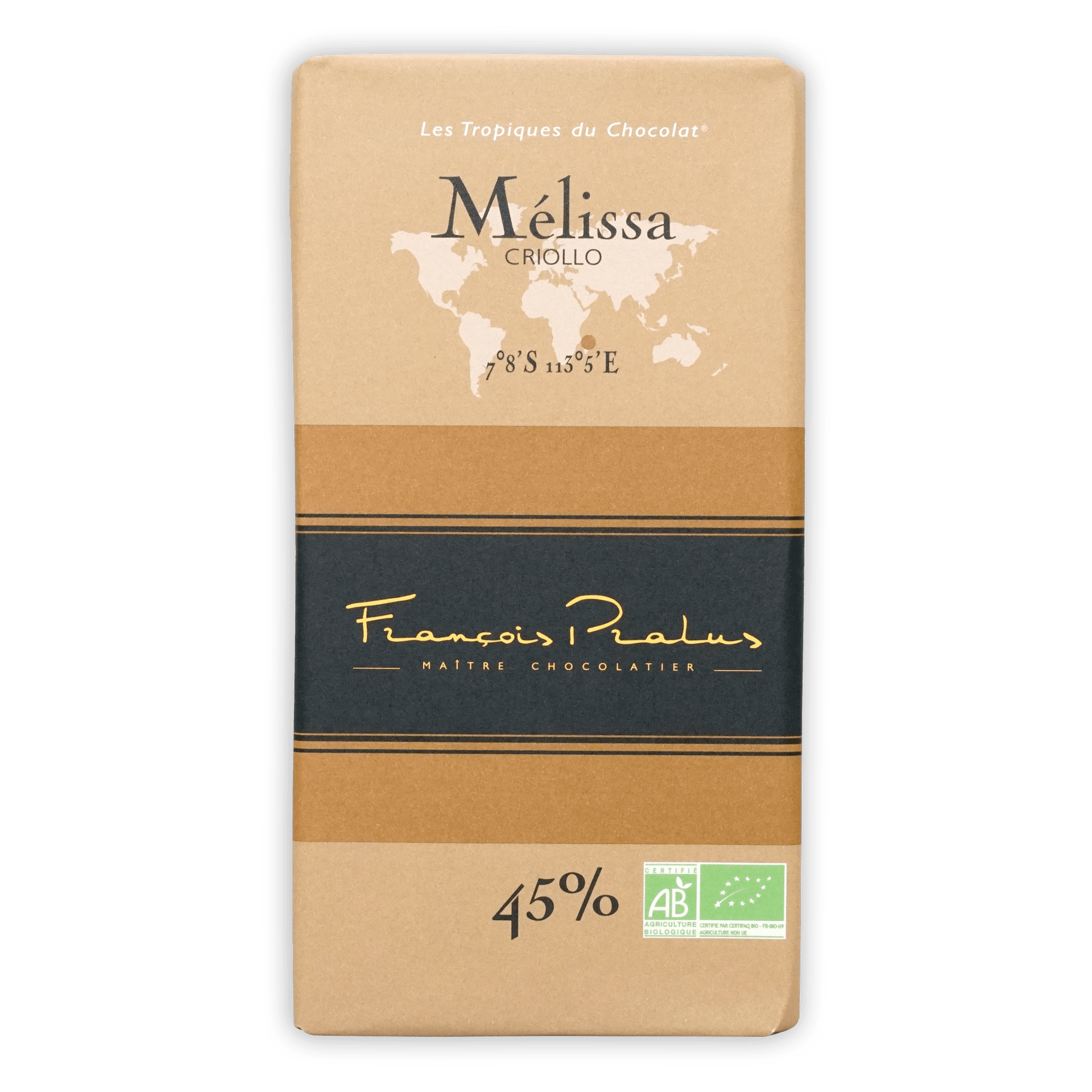 Pralus Melissa Milk 45% criollo chocolate bar with world map design