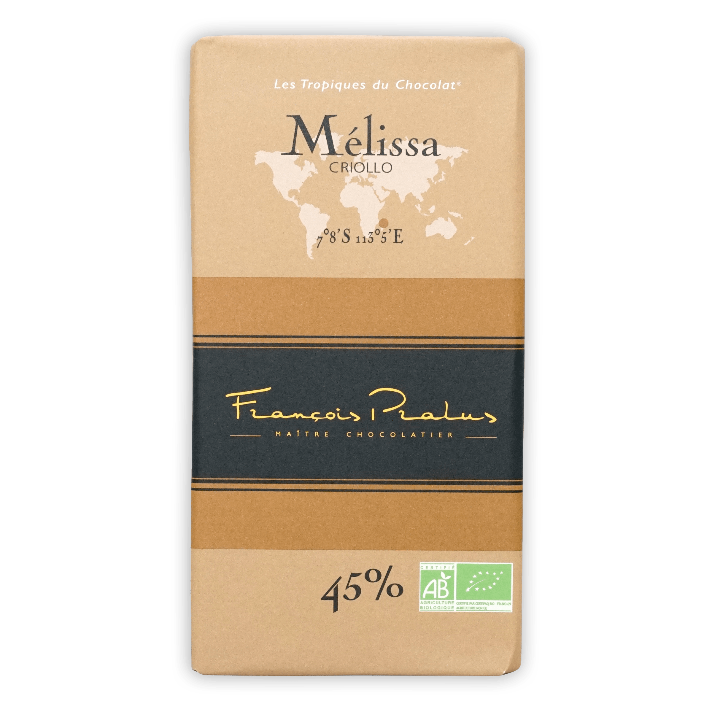 Pralus Melissa Milk 45% criollo chocolate bar with world map design