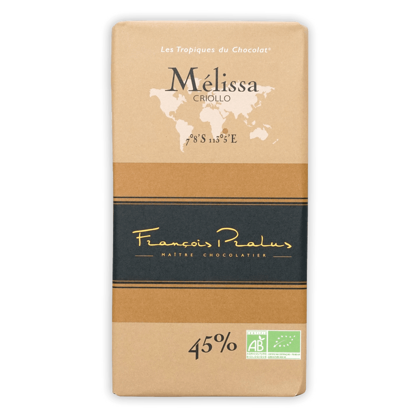 Pralus Melissa Milk 45% criollo chocolate bar with world map design