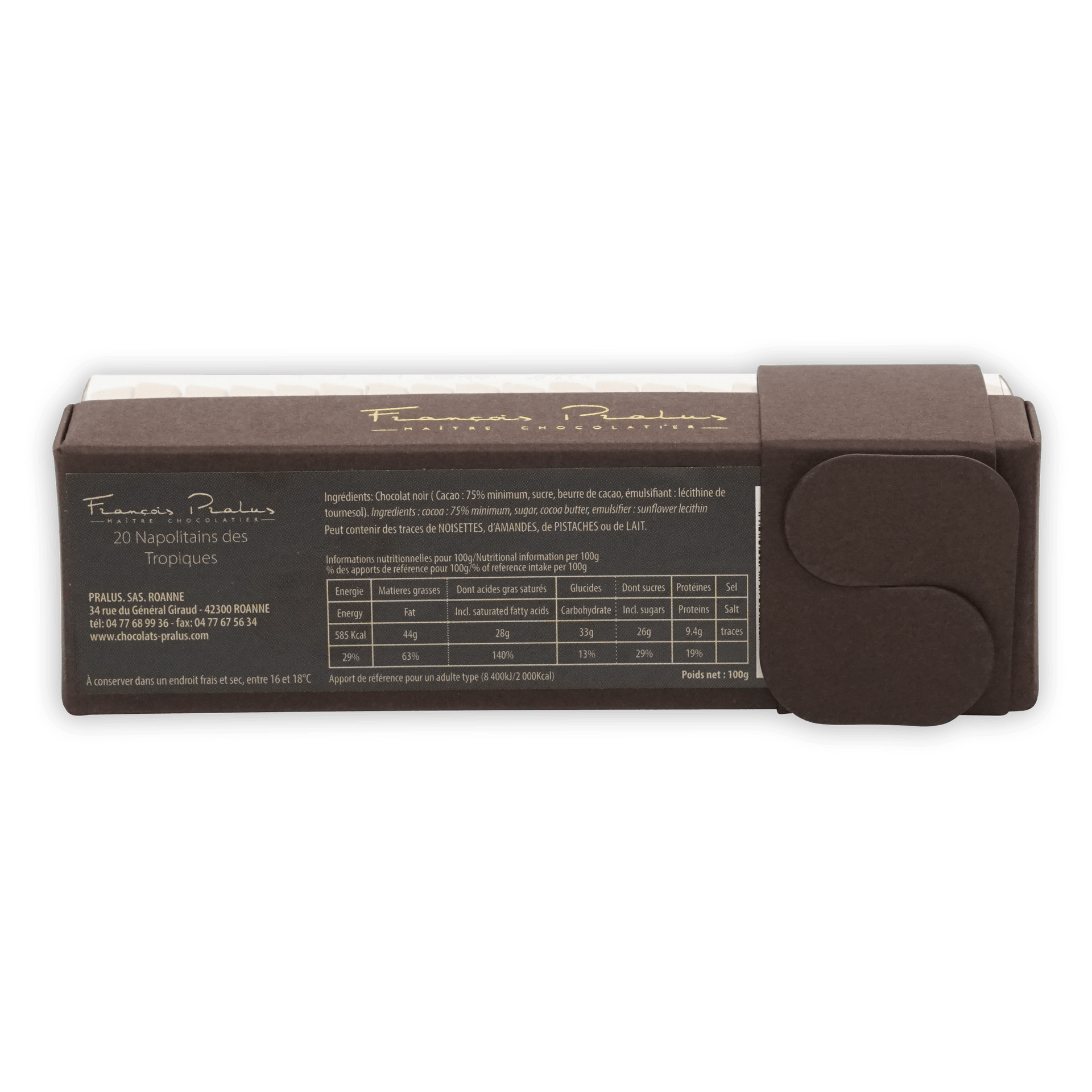 Pralus Napolitans of the Tropics brown chocolate bar in matte box with gold lettering