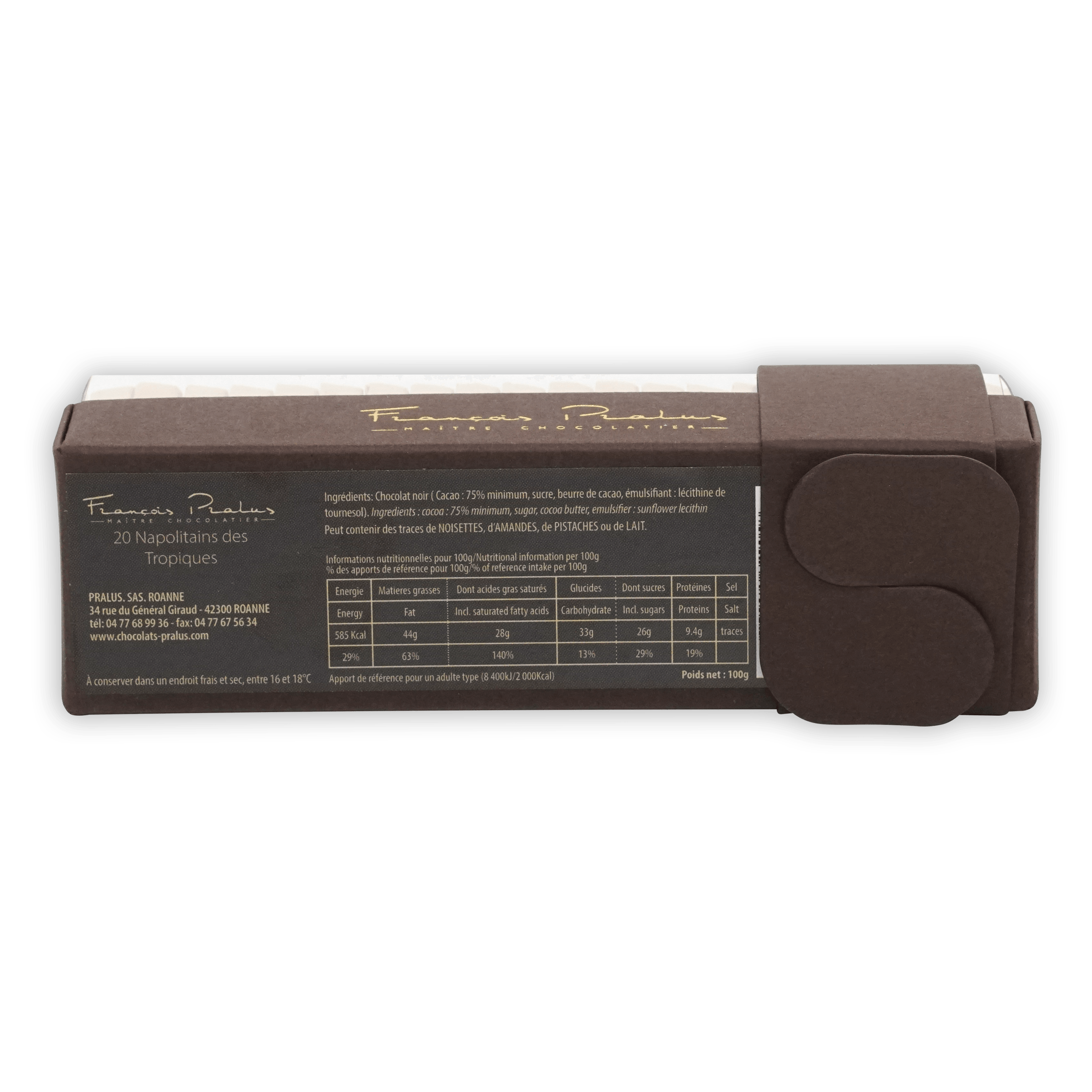 Pralus Napolitans of the Tropics brown chocolate bar in matte box with gold lettering