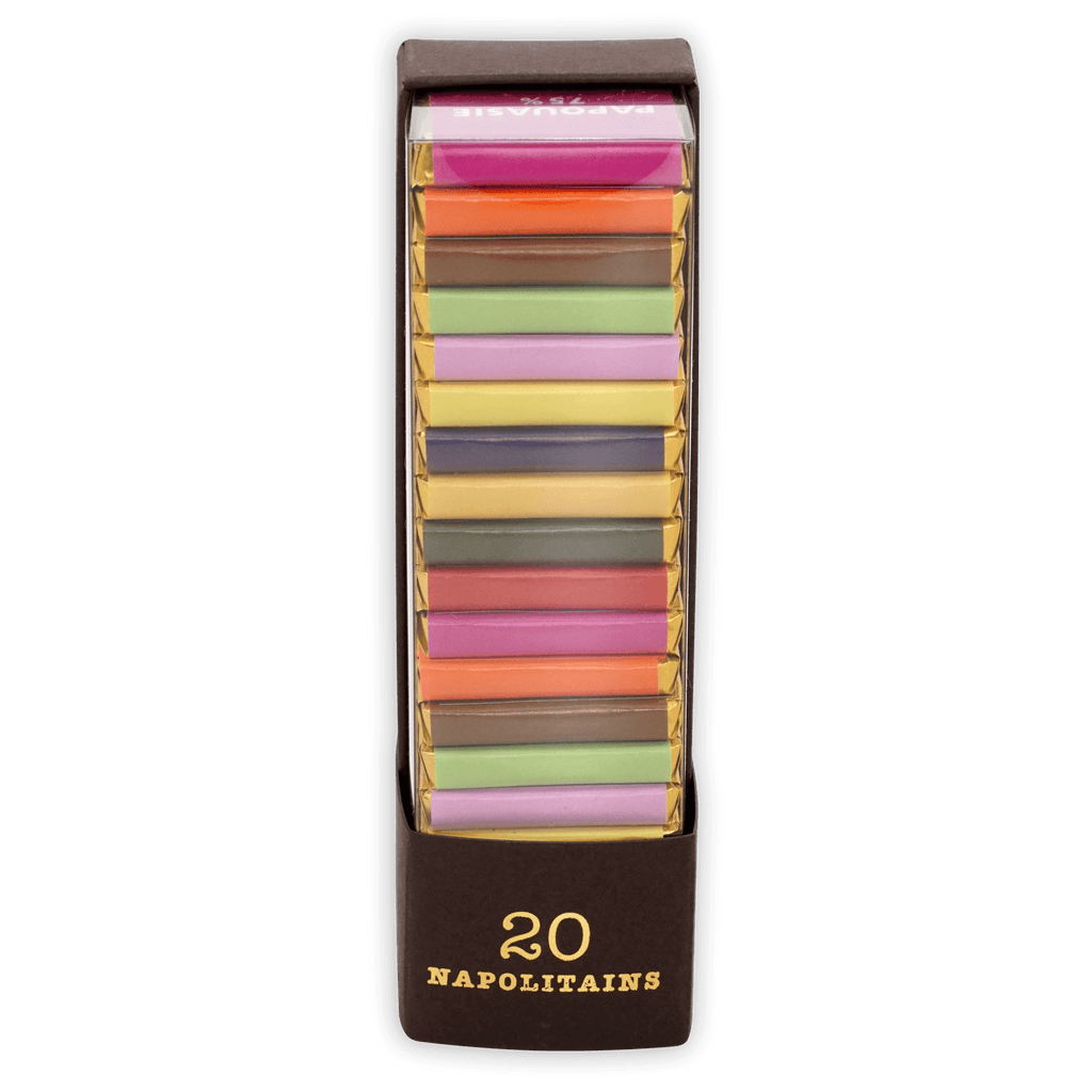 Pralus Napolitans of the Tropics 20 assorted-color chocolates in vibrant foil box