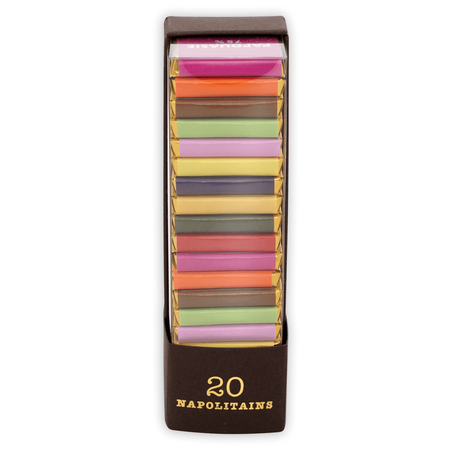 Pralus Napolitans of the Tropics 20 assorted-color chocolates in vibrant foil box