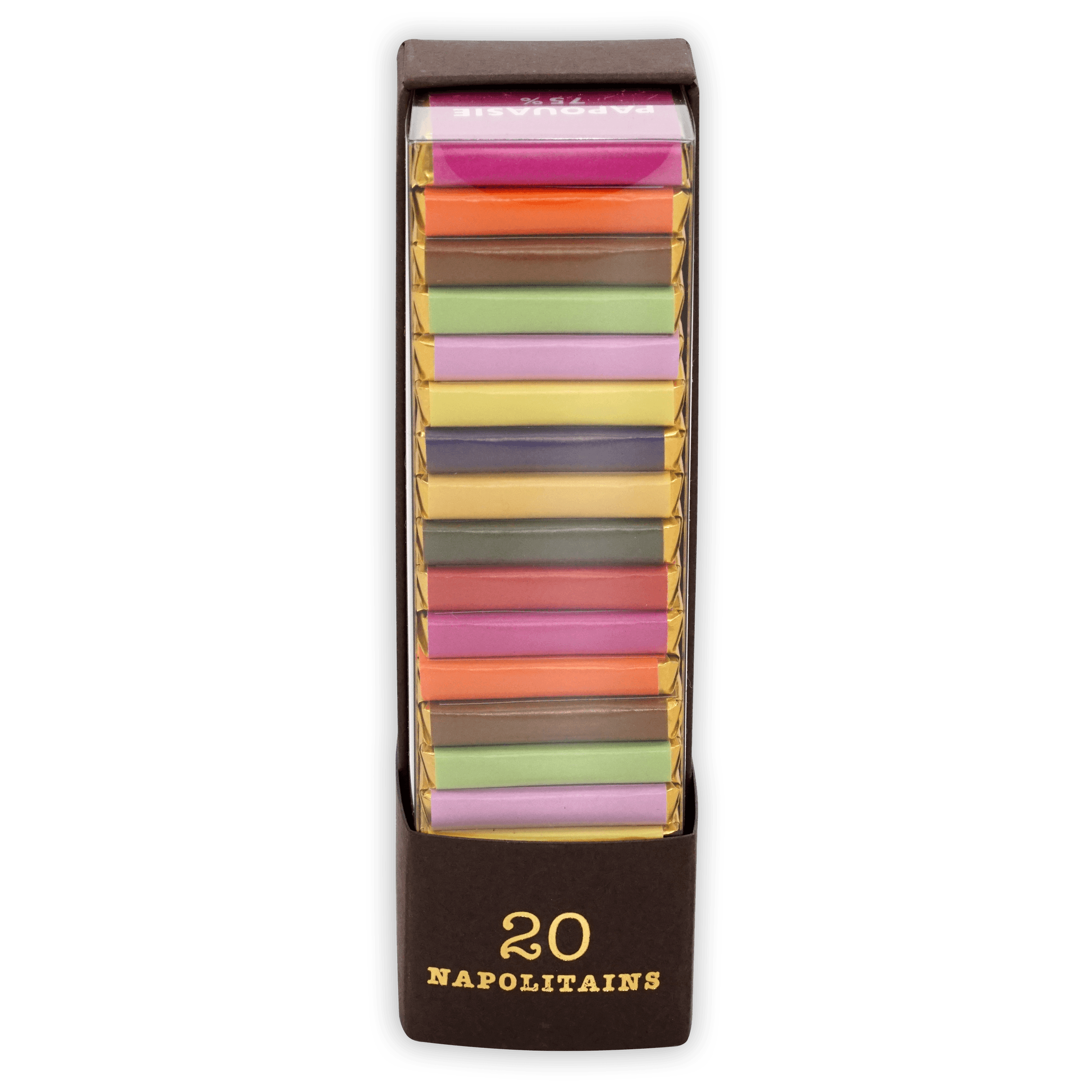 Pralus Napolitans of the Tropics 20 assorted-color chocolates in vibrant foil box