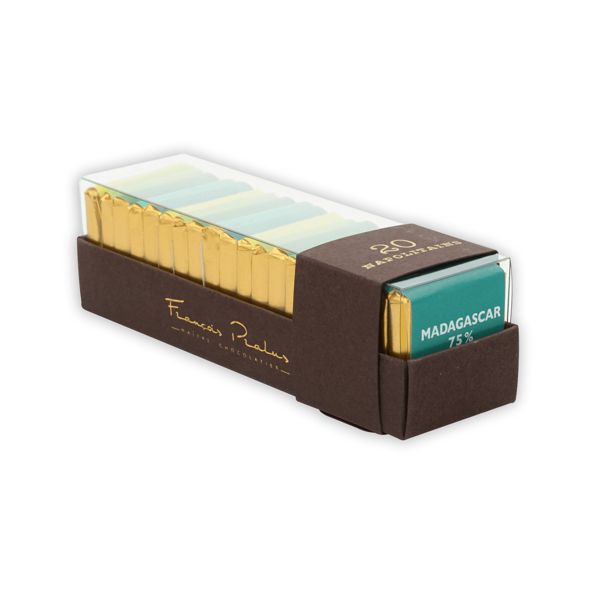 Pralus Napolitans Organic Vintages with Poulenc Madagascar 75% dark chocolate bars in gold foil