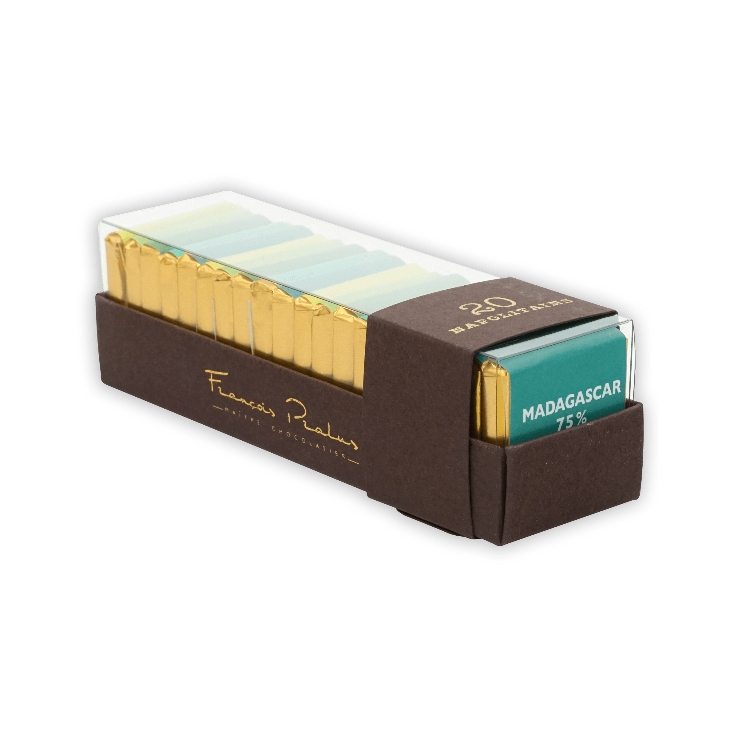 Pralus Napolitans Organic Vintages with Poulenc Madagascar 75% dark chocolate bars in gold foil