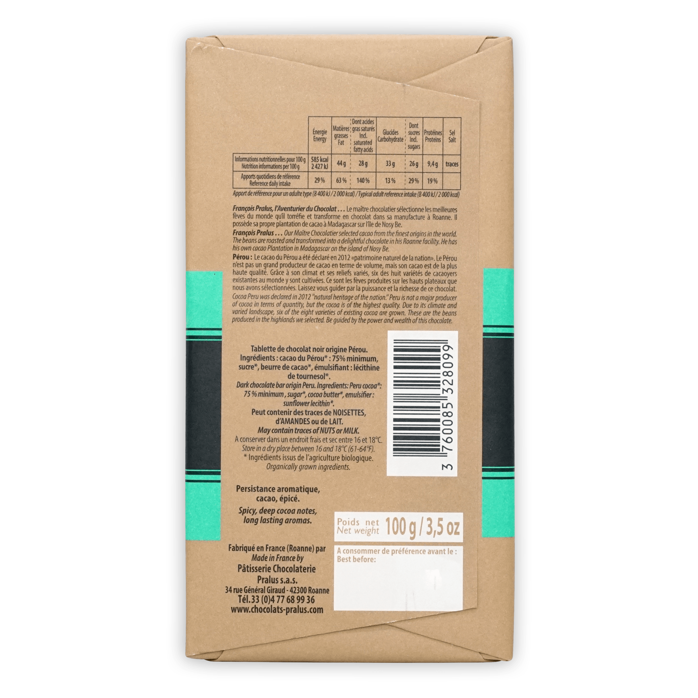Back of Pralus Perou 75% 100g dark chocolate bar wrapper