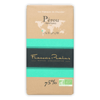 Pralus Perou 75% dark chocolate bar in tan teal wrapper with gold lettering