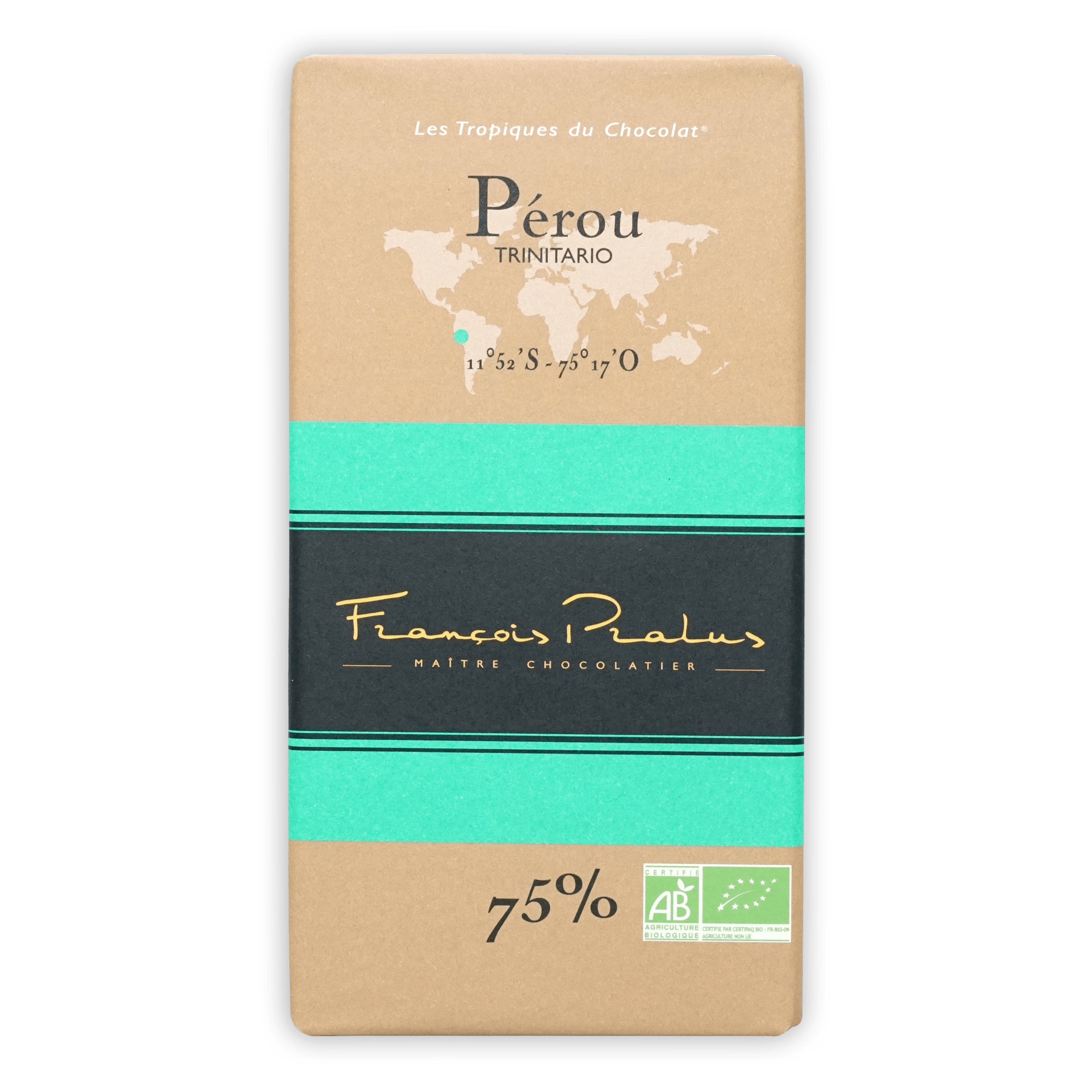 Pralus Perou 75% dark chocolate bar in tan teal wrapper with gold lettering