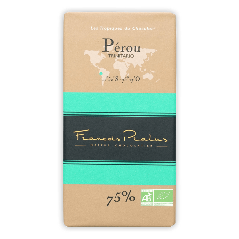 Pralus Perou 75% dark chocolate bar in tan teal wrapper with gold lettering