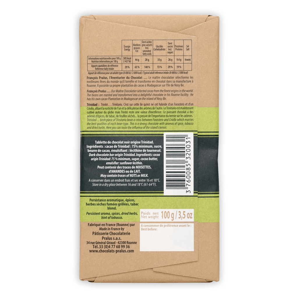 Pralus Trinidad 75% chocolate bar back with French nutrition label