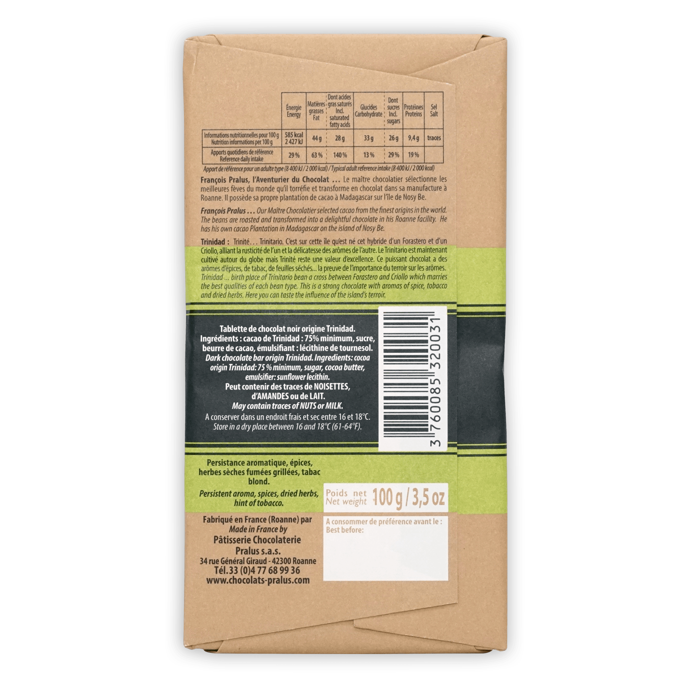 Pralus Trinidad 75% chocolate bar back with French nutrition label
