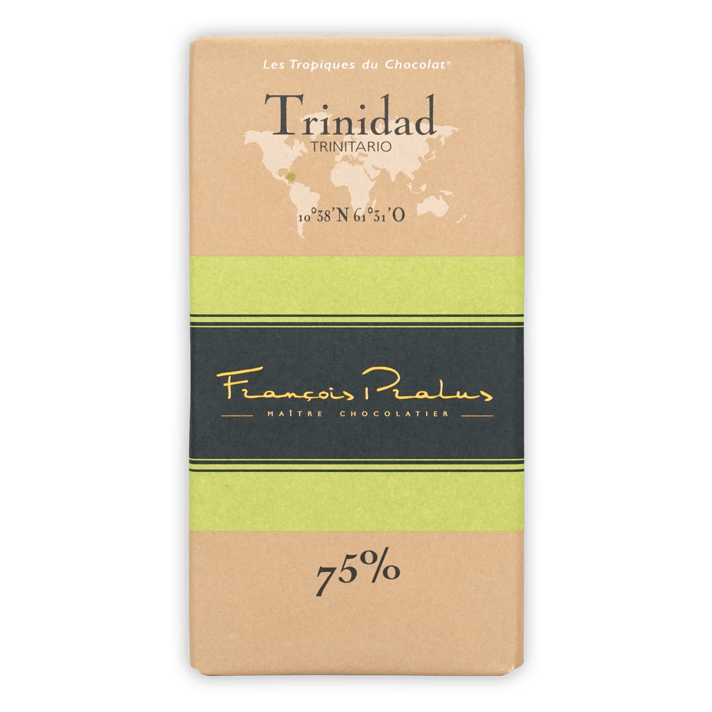 Pralus Trinidad 75% dark chocolate bar with beige-green world map wrapper