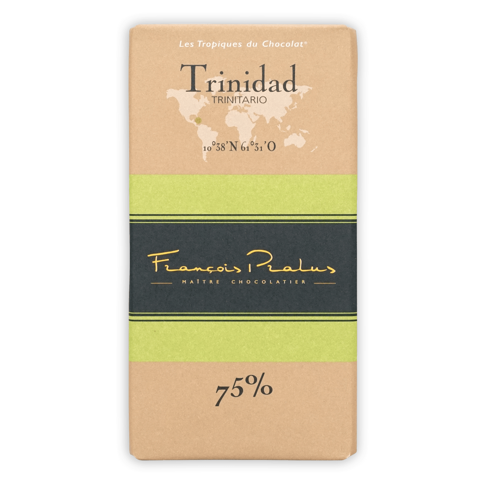 Pralus Trinidad 75% dark chocolate bar with beige-green world map wrapper