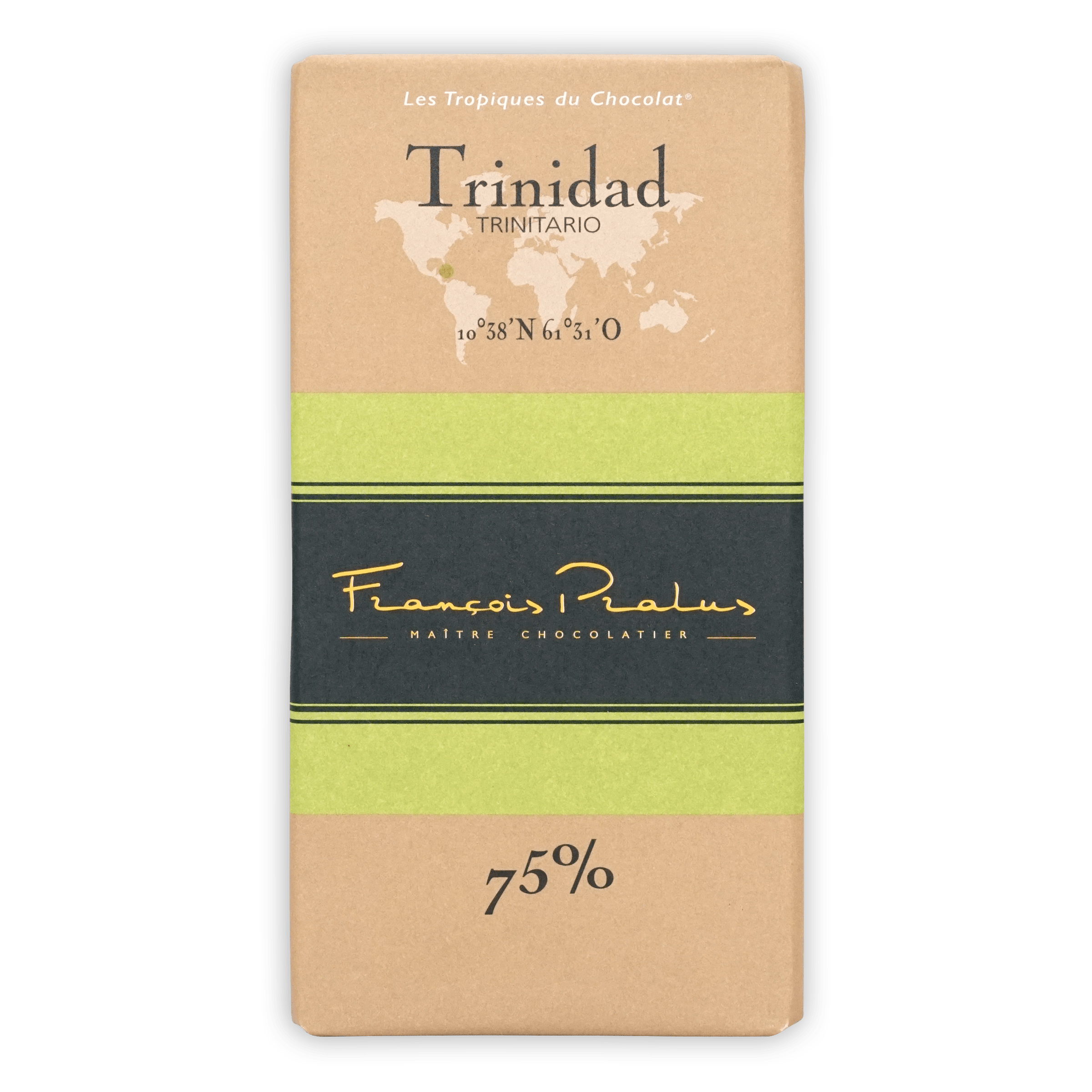 Pralus Trinidad 75% dark chocolate bar with beige-green world map wrapper