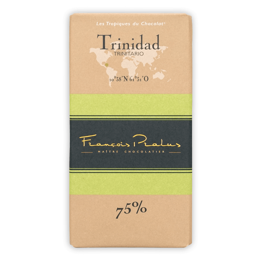 Pralus Trinidad 75% dark chocolate bar with beige-green world map wrapper