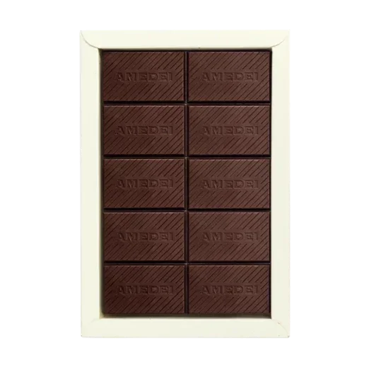 Amedei Prendime dark chocolate bar with almonds 66% and anedai embossed squares