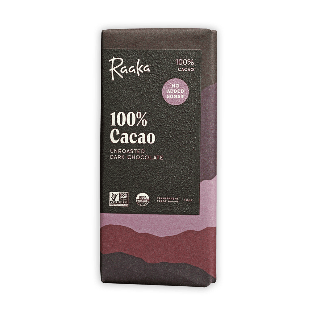 Raaka 100% cacao unroasted dark chocolate bar in black purple wrapper