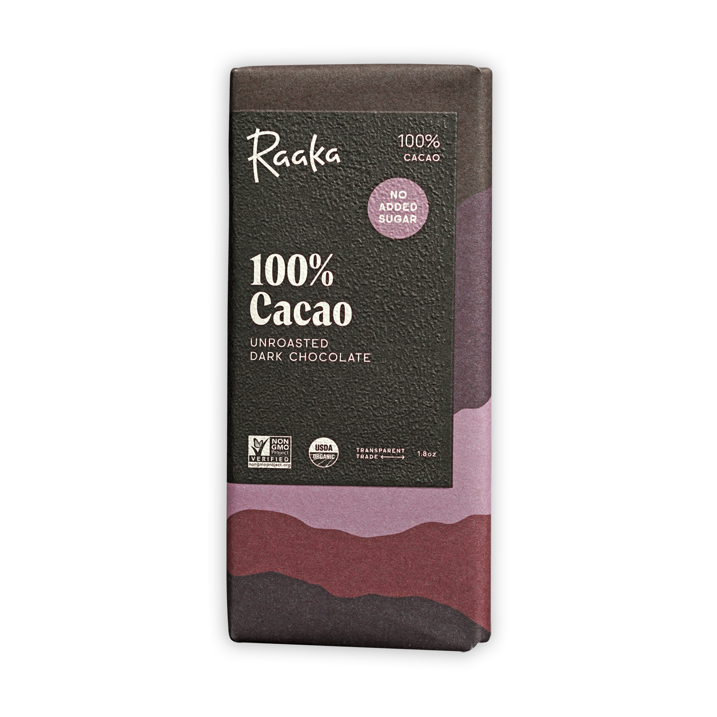 Raaka 100% cacao unroasted dark chocolate bar in black purple wrapper