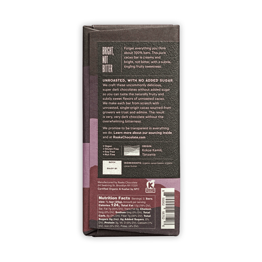 Raaka 100% Cacao Chocolate bar, dark brown and purple wrapped, organic single-origin from Tanzania