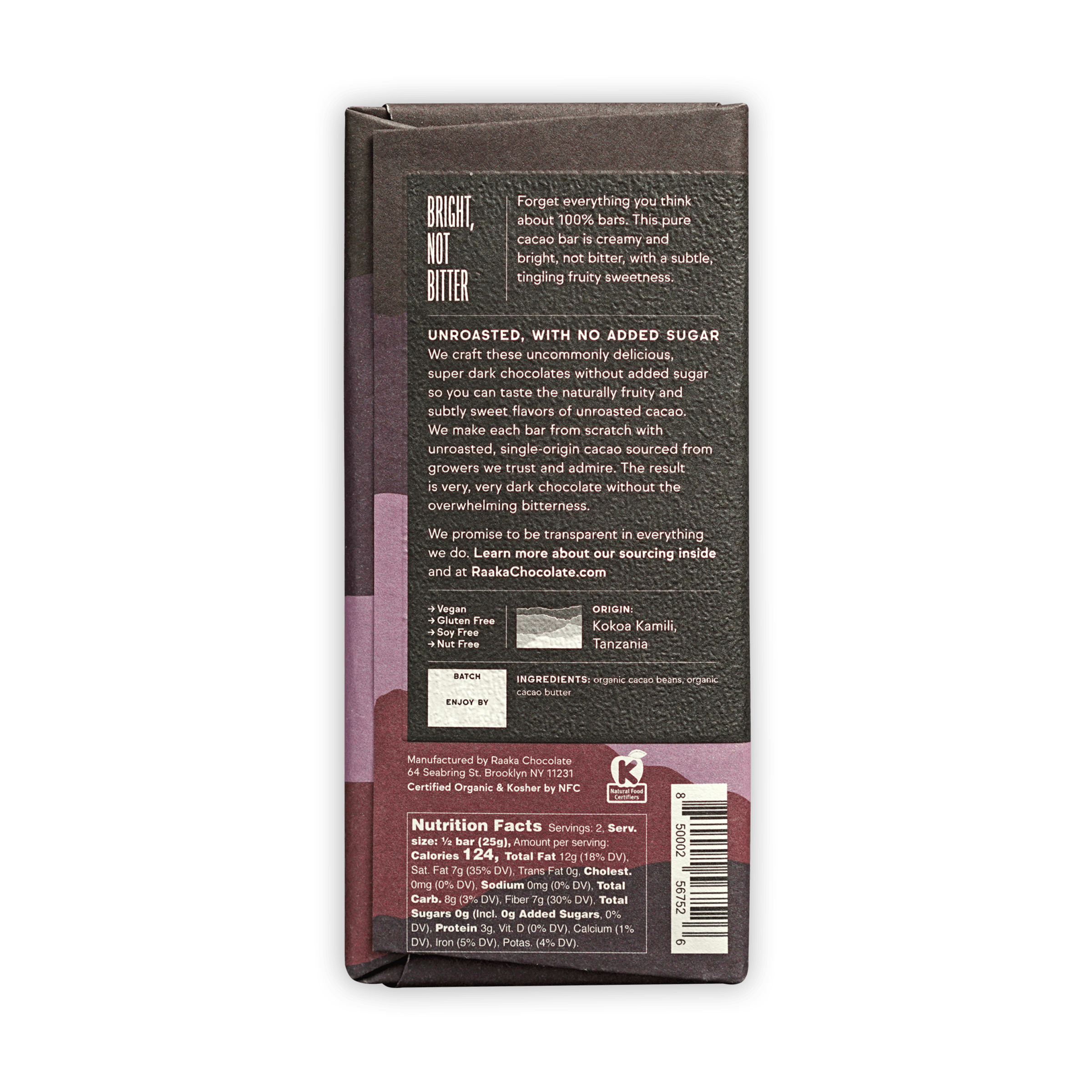 Raaka 100% Cacao Chocolate bar, dark brown and purple wrapped, organic single-origin from Tanzania