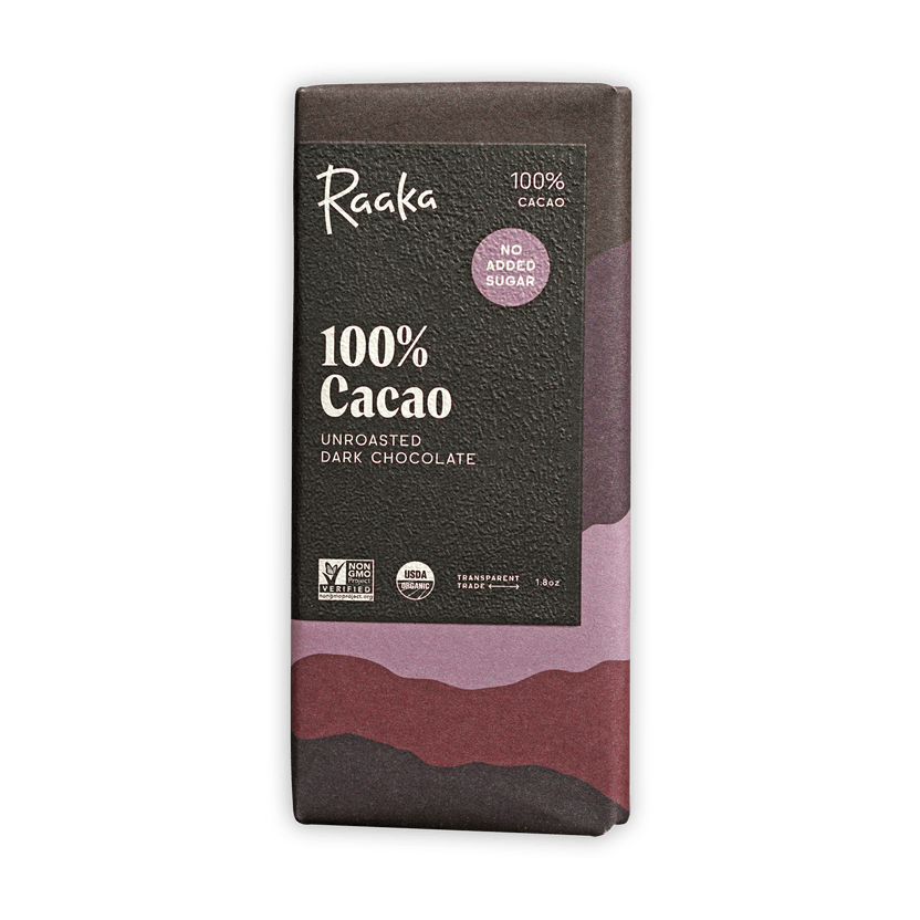 Raaka 100% cacao unroasted dark chocolate bar in black purple wrapper