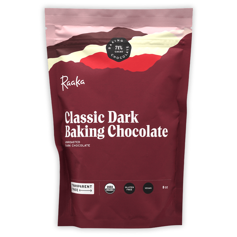 Raaka Classic Dark 71% cacao baking chocolate pouch with mountain design