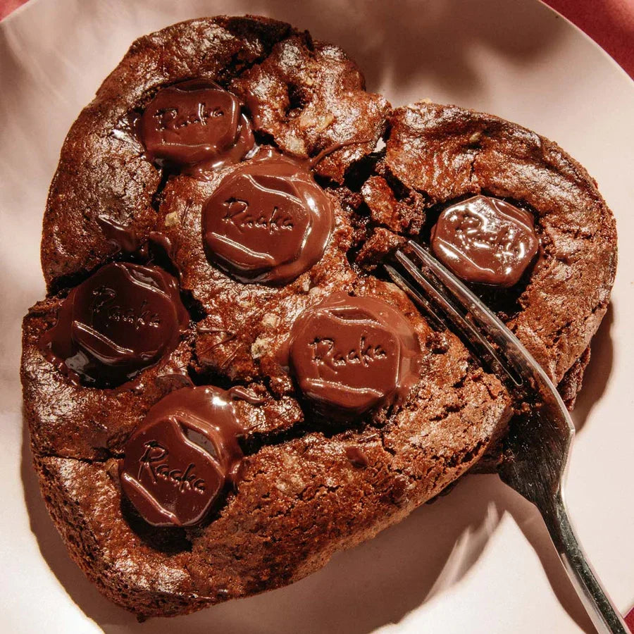 Rich Raaka Maple Dark 75% brownie topped with glossy roka chocolate discs