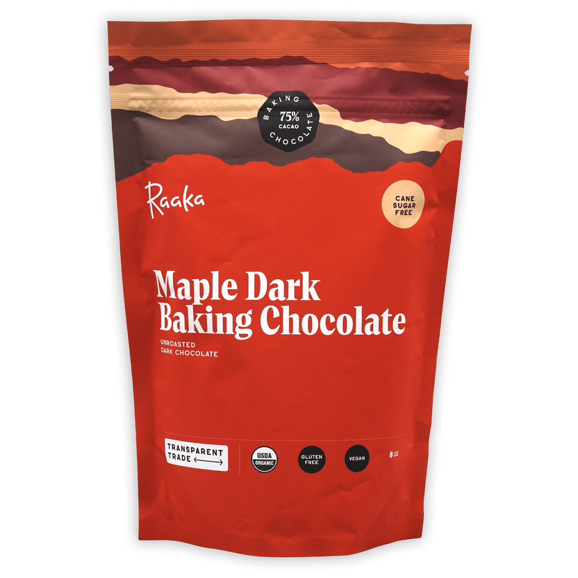 Raaka Maple Dark 75% Baking Chocolate in red resealable pouch