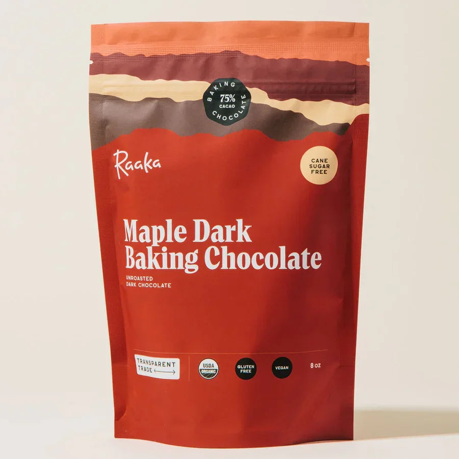 Raaka Maple Dark 75% Baking Chocolate in red resealable pouch