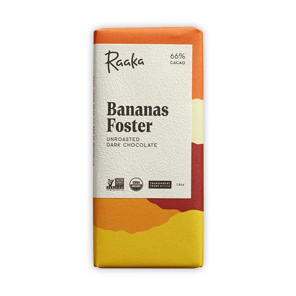 Raaka Bananas Foster 66% cacao dark chocolate bar in vibrant gradient wrapper