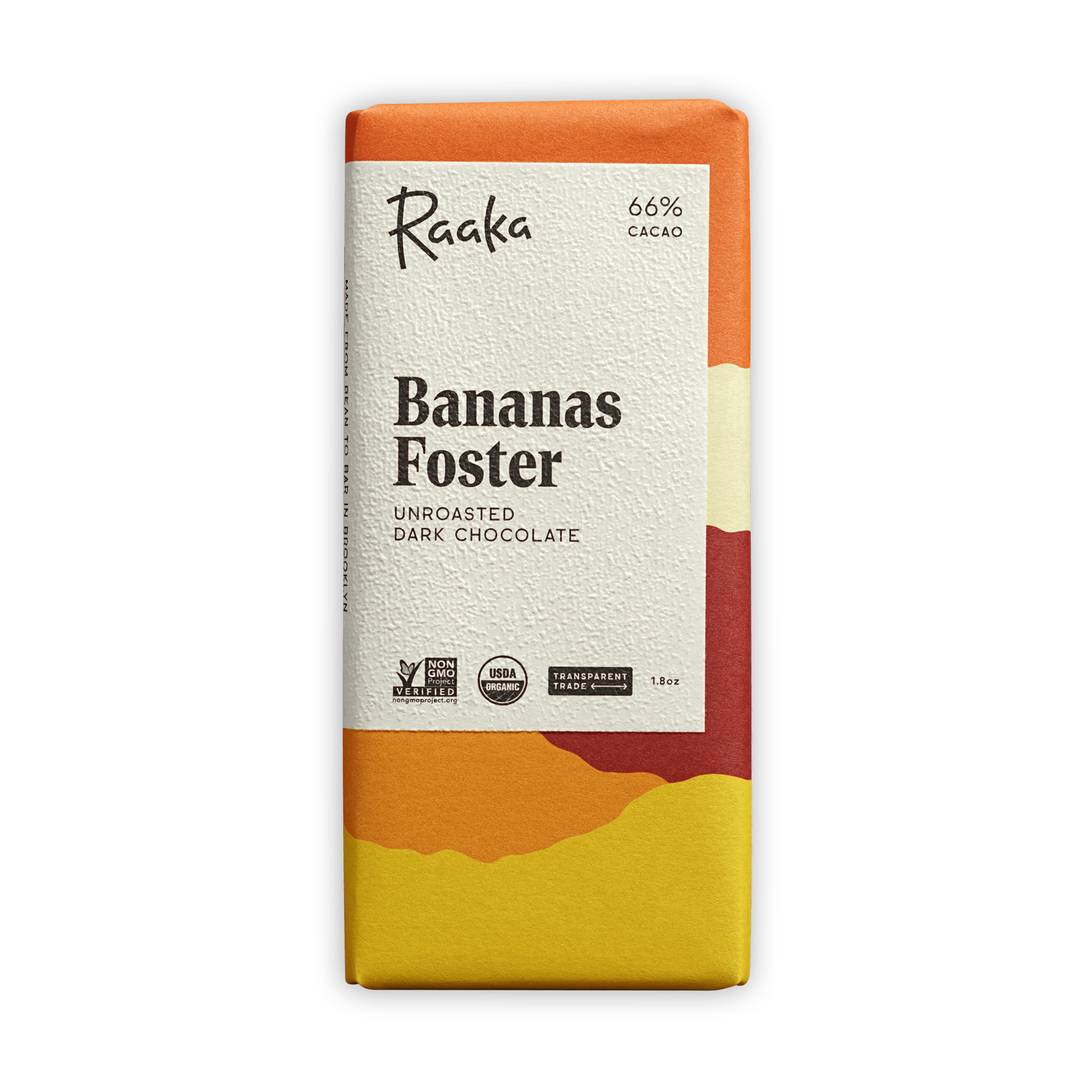 Raaka Bananas Foster 66% cacao dark chocolate bar in vibrant gradient wrapper