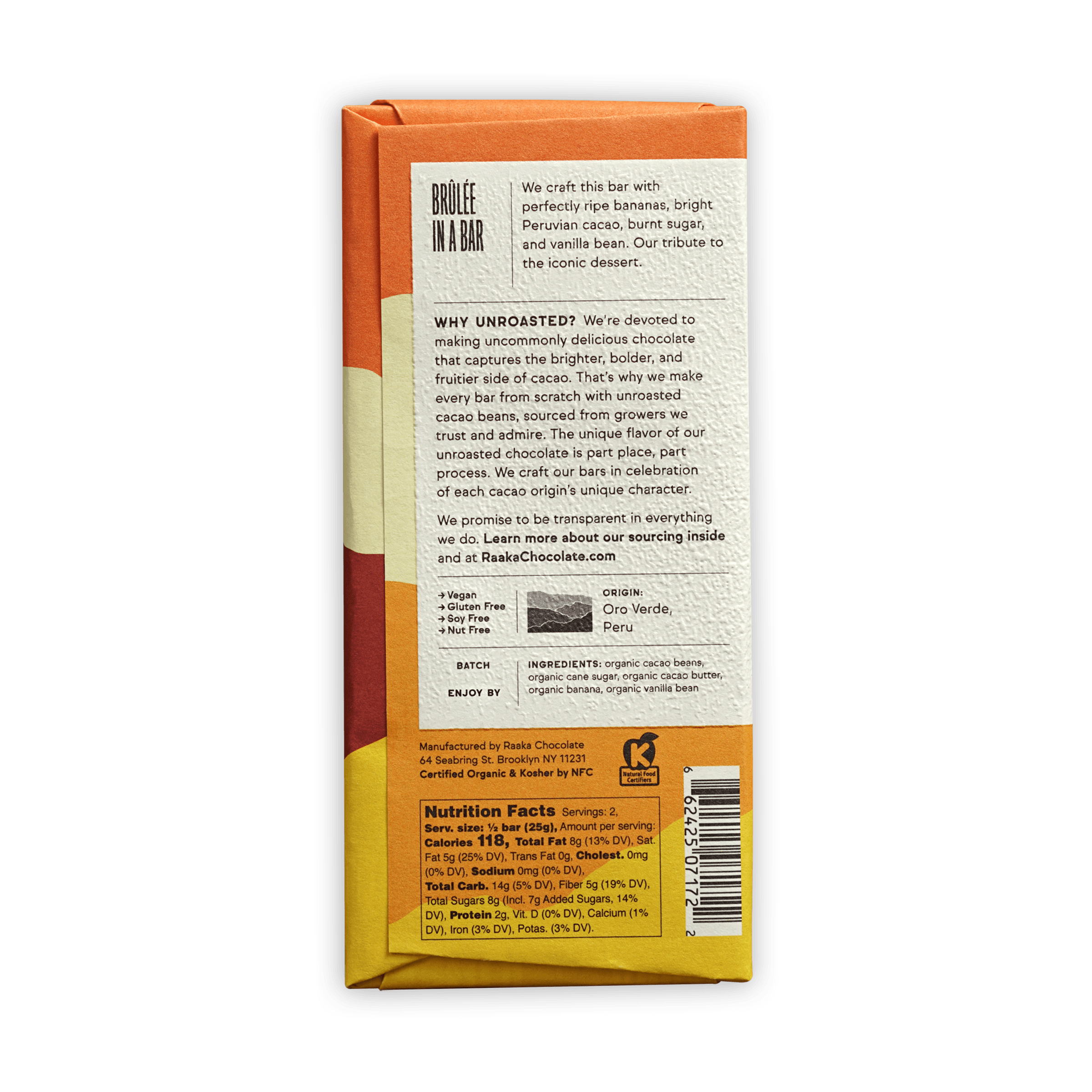 Back of Raaka Banana Foster 66% chocolate bar wrapper with ingredients