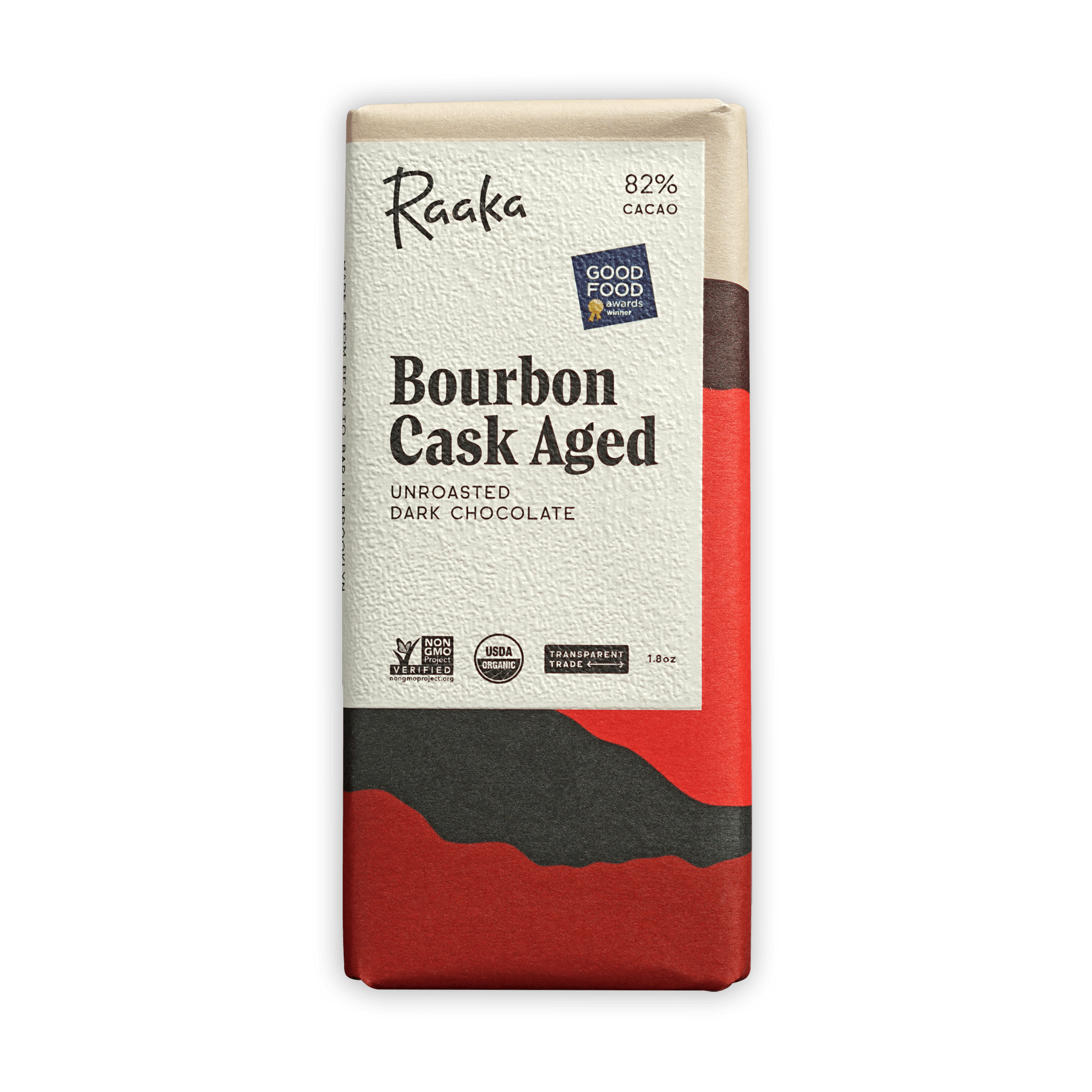 Raaka Bourbon Cask Aged 82% dark chocolate bar in textured wrapper