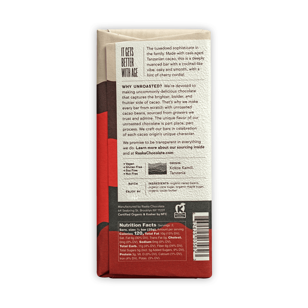 Raaka Bourbon Cask Aged 82% red and beige chocolate bar