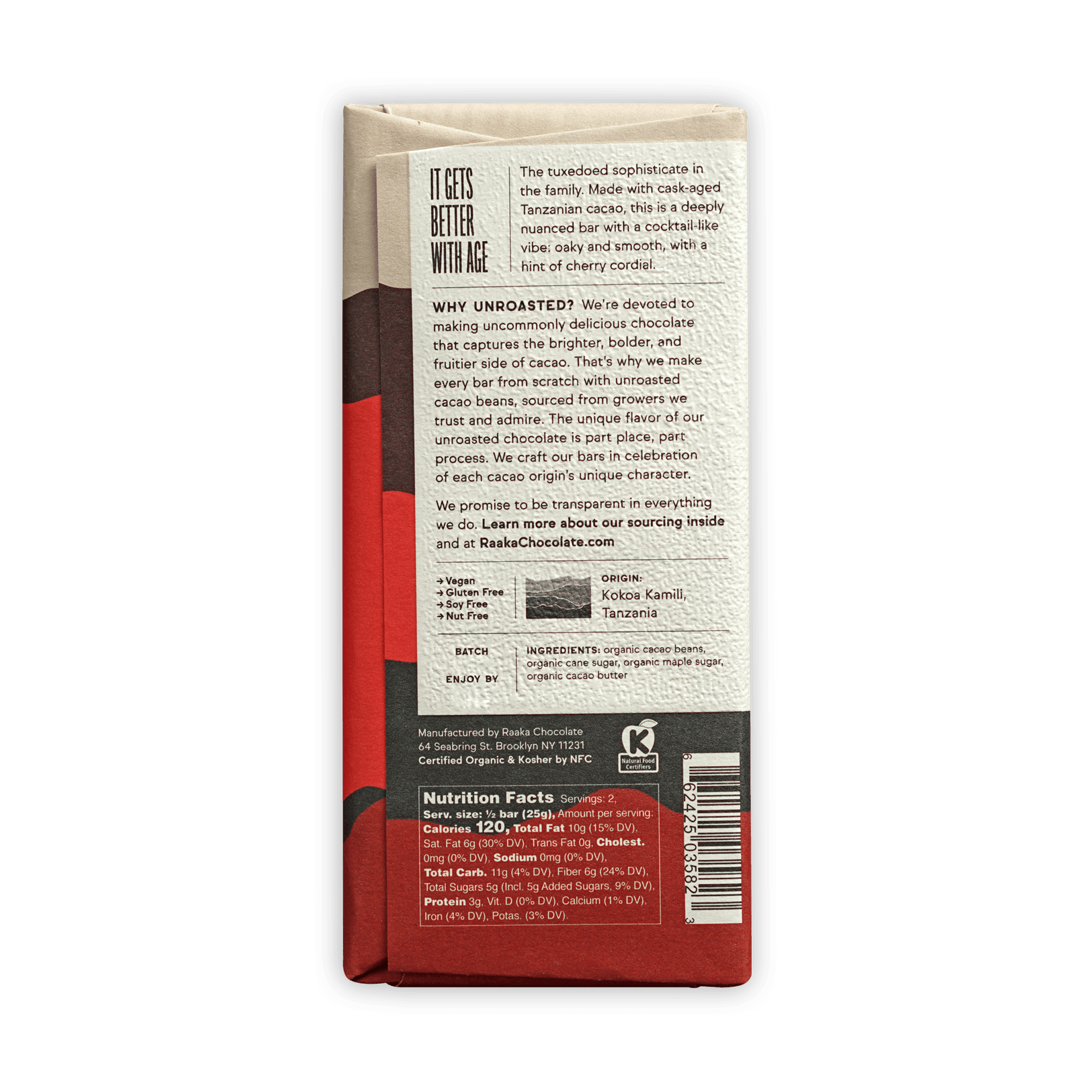 Raaka Bourbon Cask Aged 82% red and beige chocolate bar