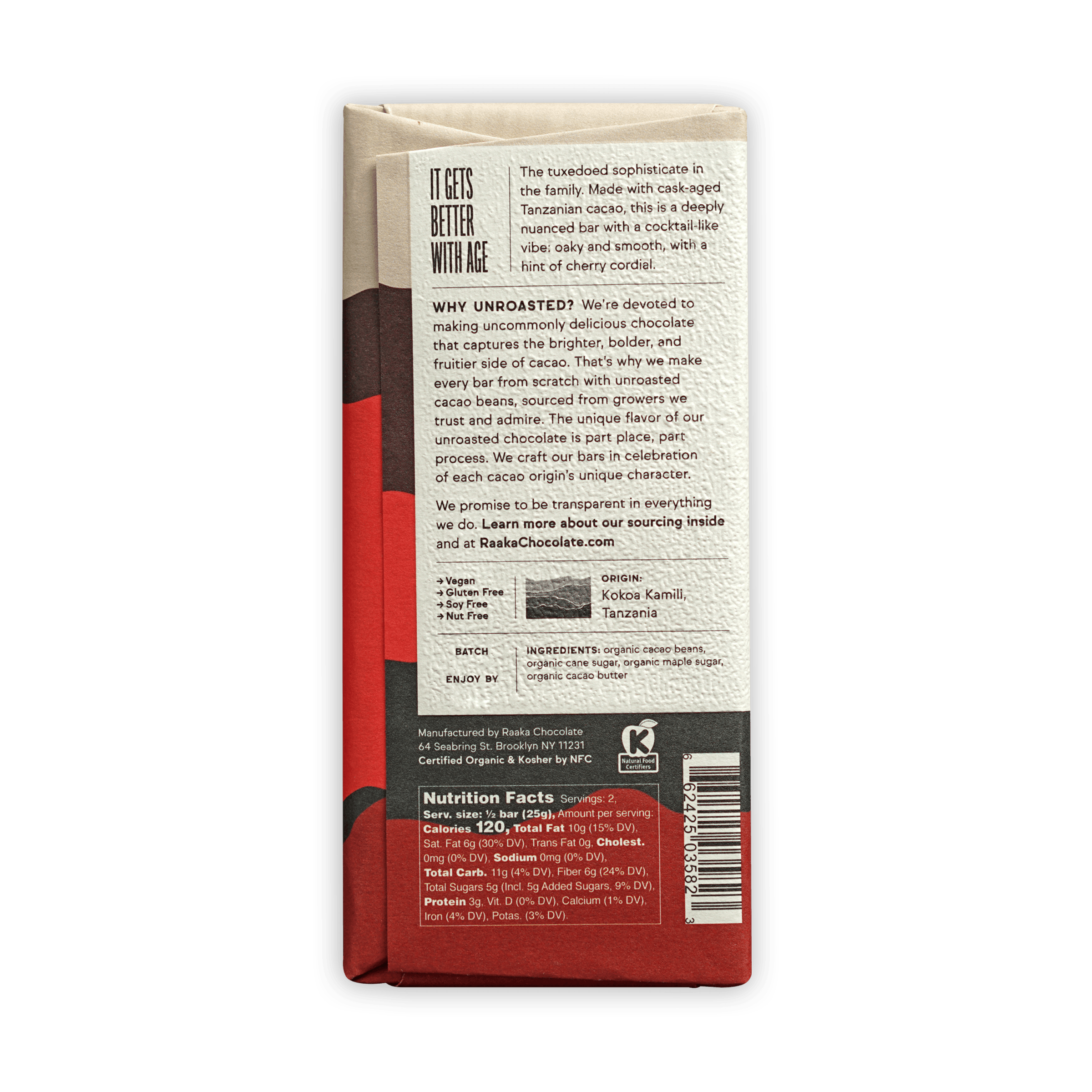 Raaka Bourbon Cask Aged 82% red and beige chocolate bar