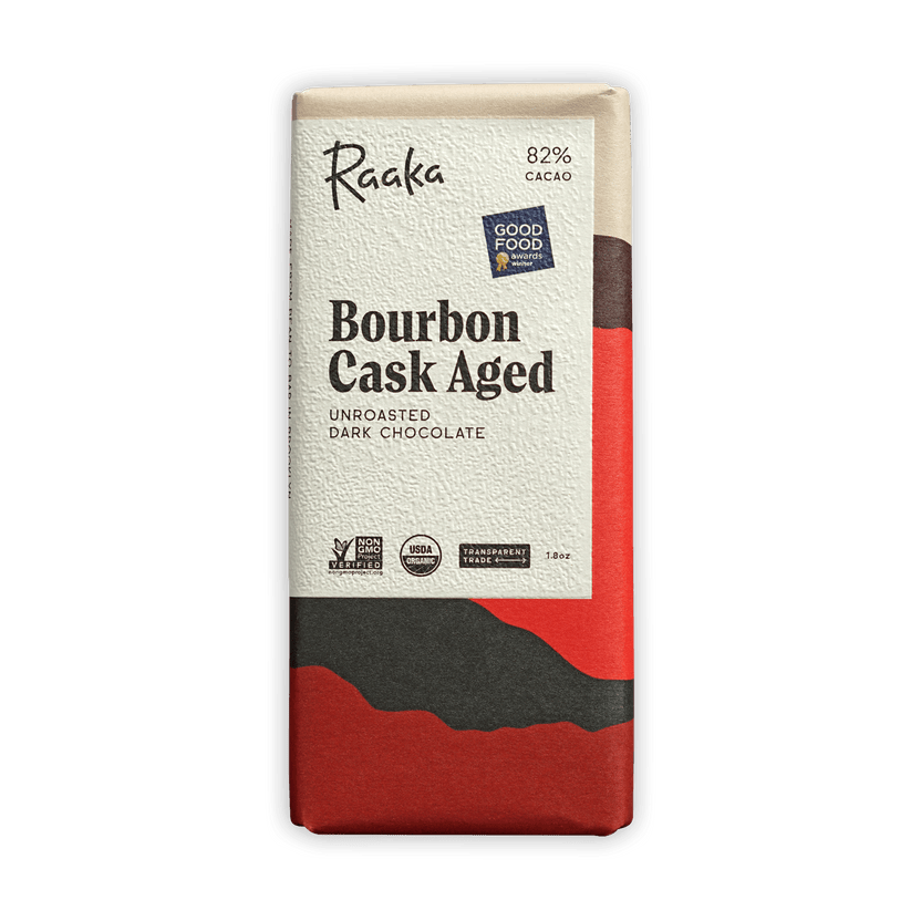 Raaka Bourbon Cask Aged 82% dark chocolate bar in textured wrapper