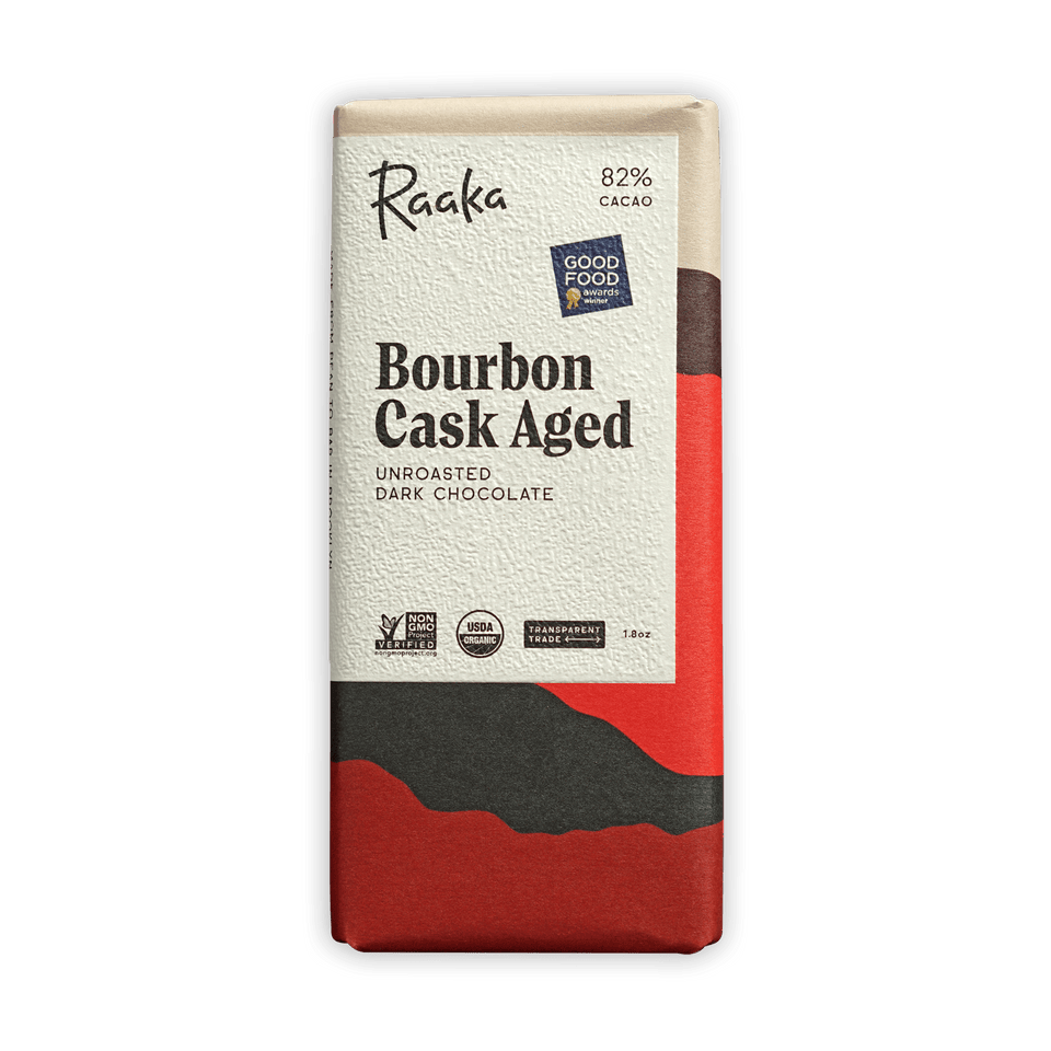 Raaka Bourbon Cask Aged 82% dark chocolate bar in textured wrapper