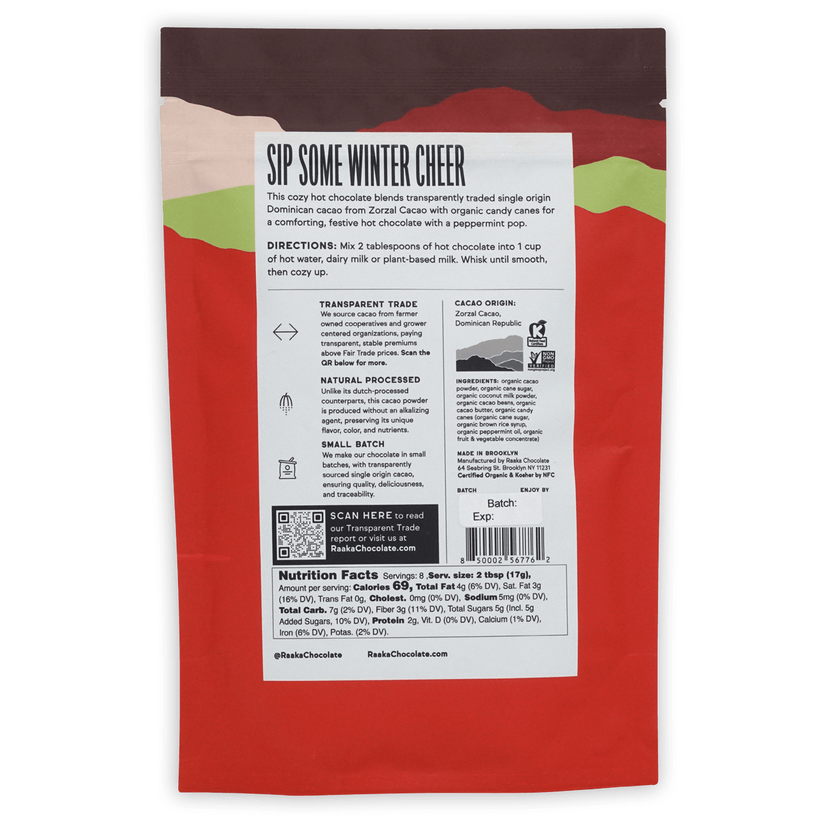 Raaka Candy Cane Hot Chocolate mix packet, red green foil, back label