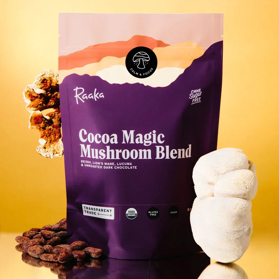 Raaka Cocoa Magic Mushroom Blend purple pouch with mountain design