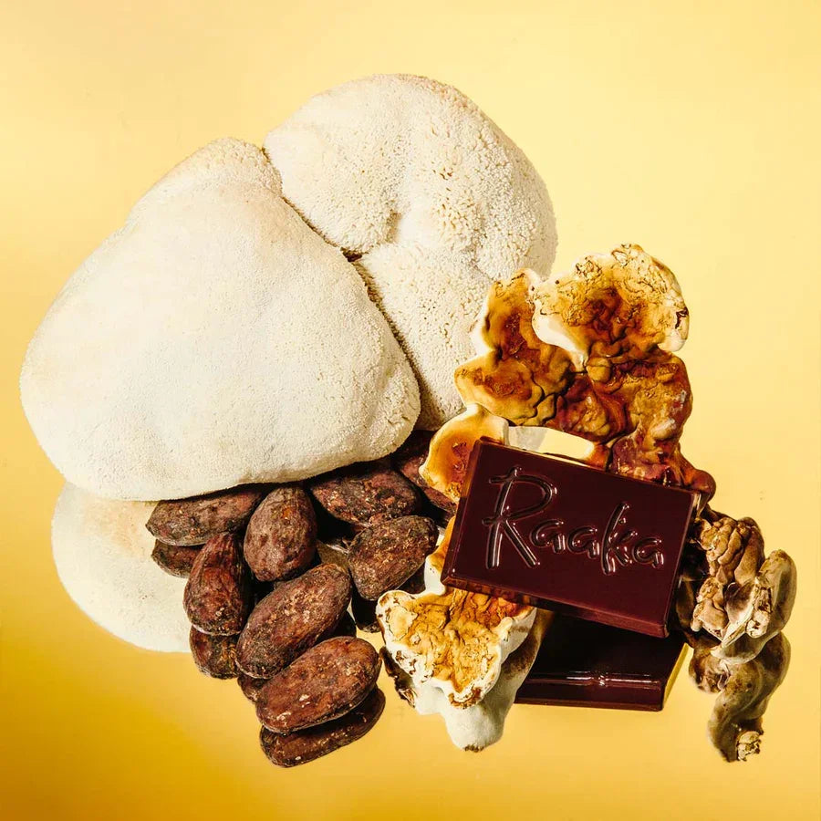 Raaka Cocoa + Mushroom Blend dark chocolate bar with logo among cocoa beans and fungi