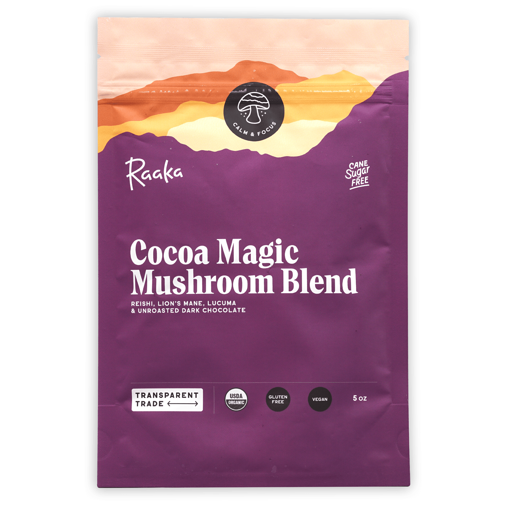 Raaka Cocoa Mushroom Blend purple pouch with mountain sunset, organic vegan gluten-free
