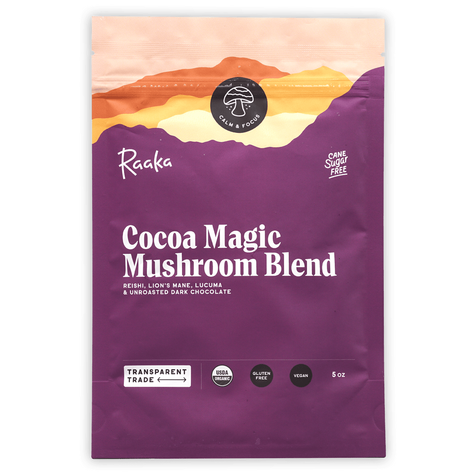Raaka Cocoa Mushroom Blend purple pouch with mountain sunset, organic vegan gluten-free