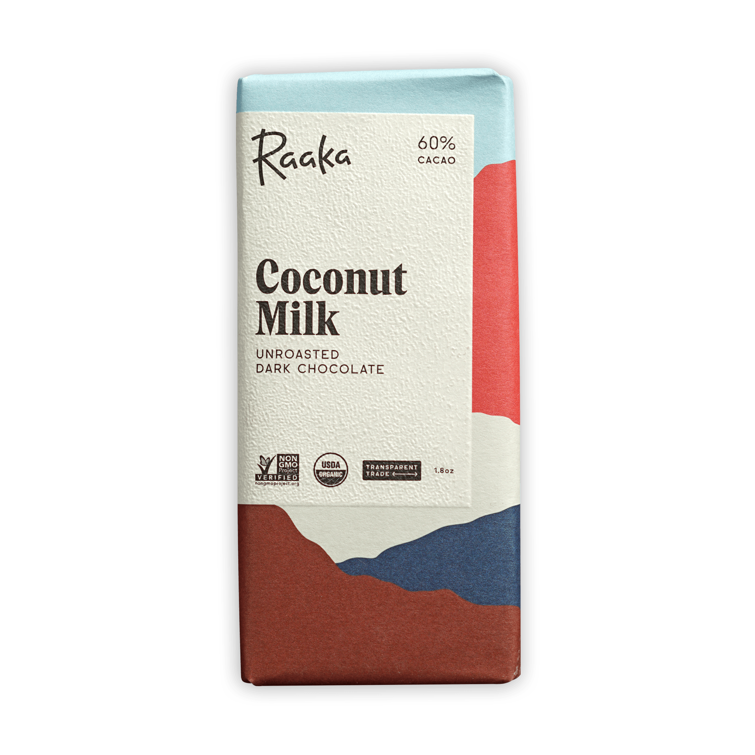Raaka Coconut Milk 60% unroasted dark chocolate bar package